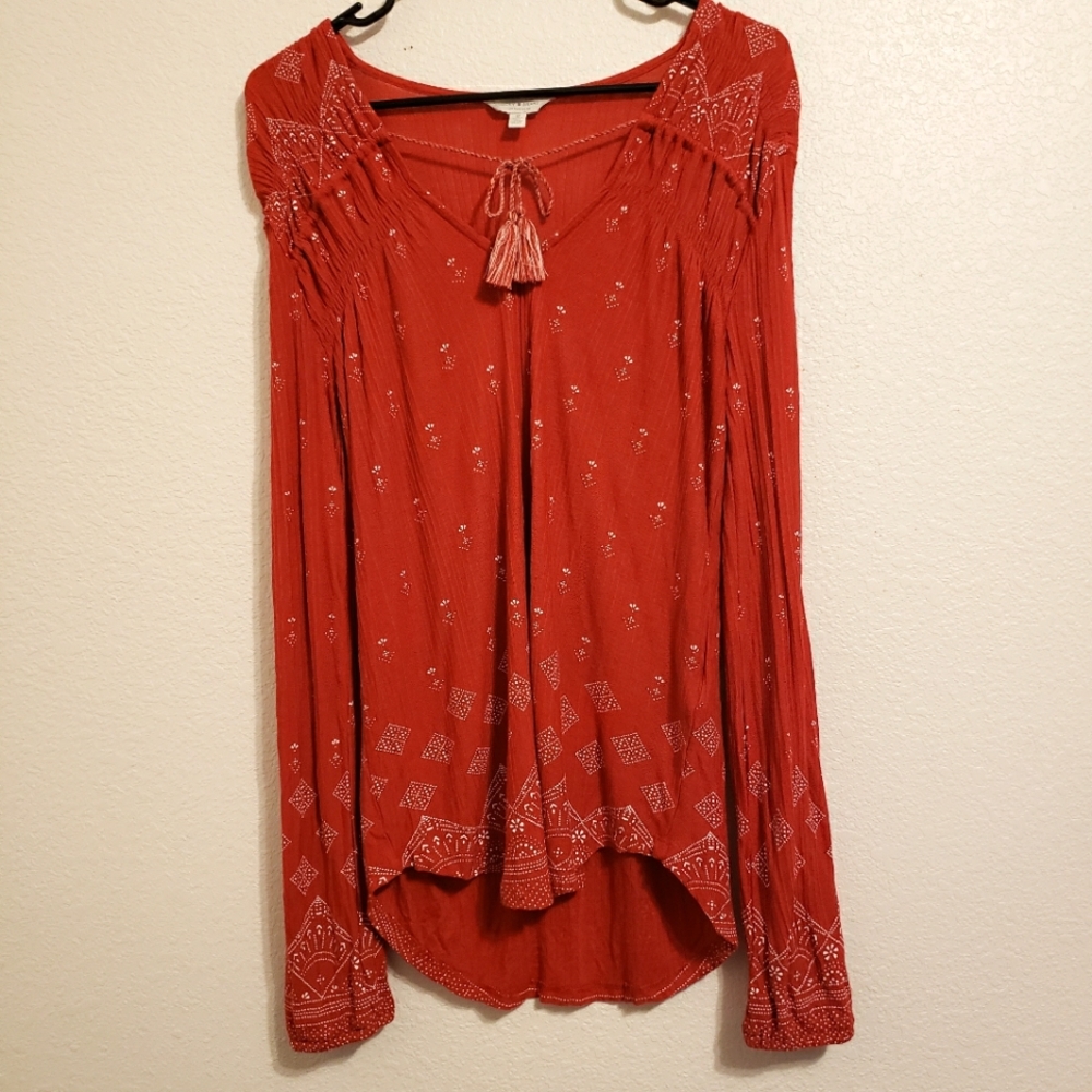 Lucky Brand | Boho Front Tassel Long Sleeve Blouse Top Red
